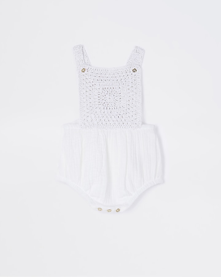 Baby girls white crochet knitted romper