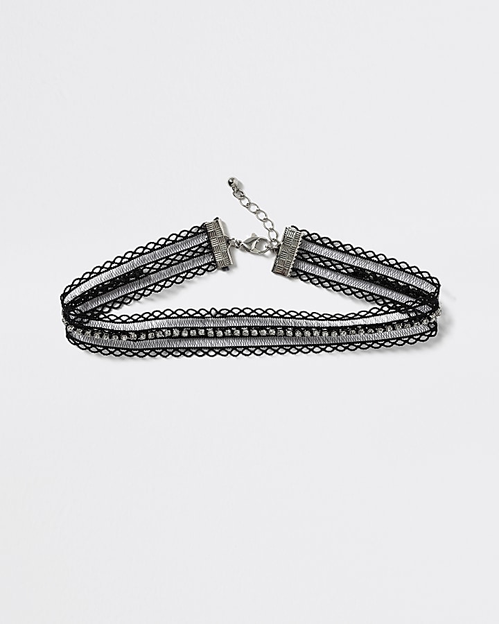 Girls black diamante lace choker necklace
