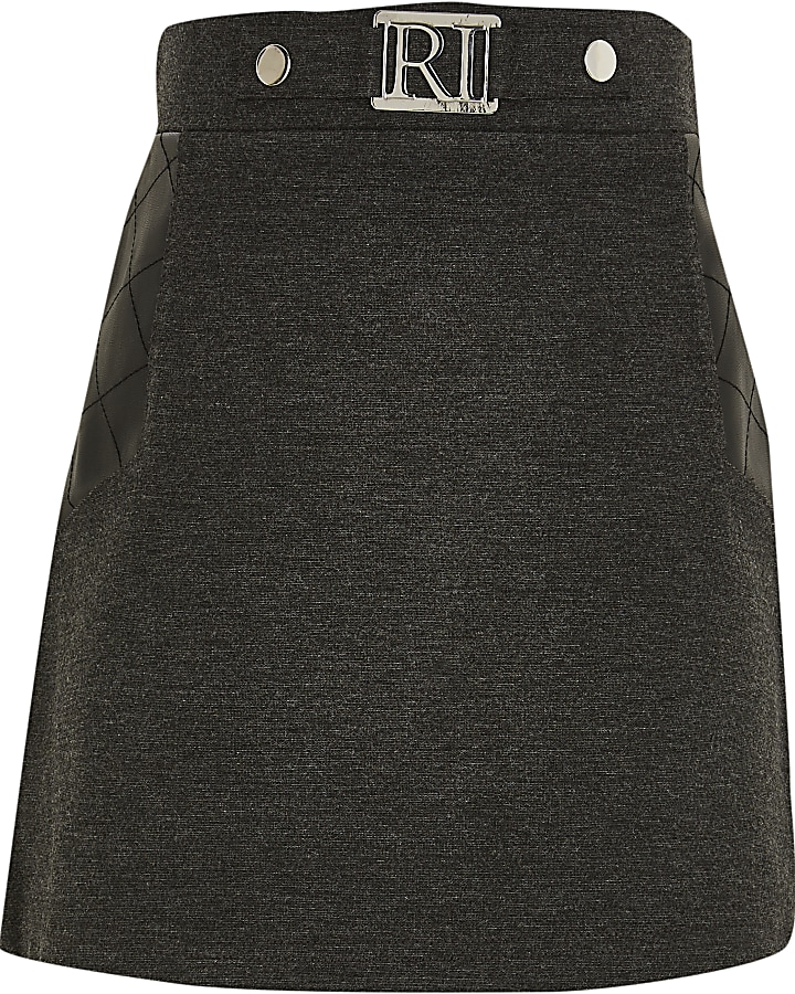 Girls grey ponte PU panel skirt