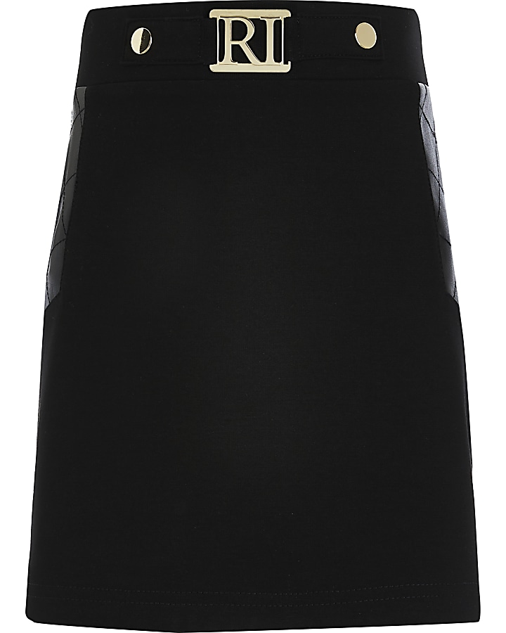 Girls black PU ponte panel skirt