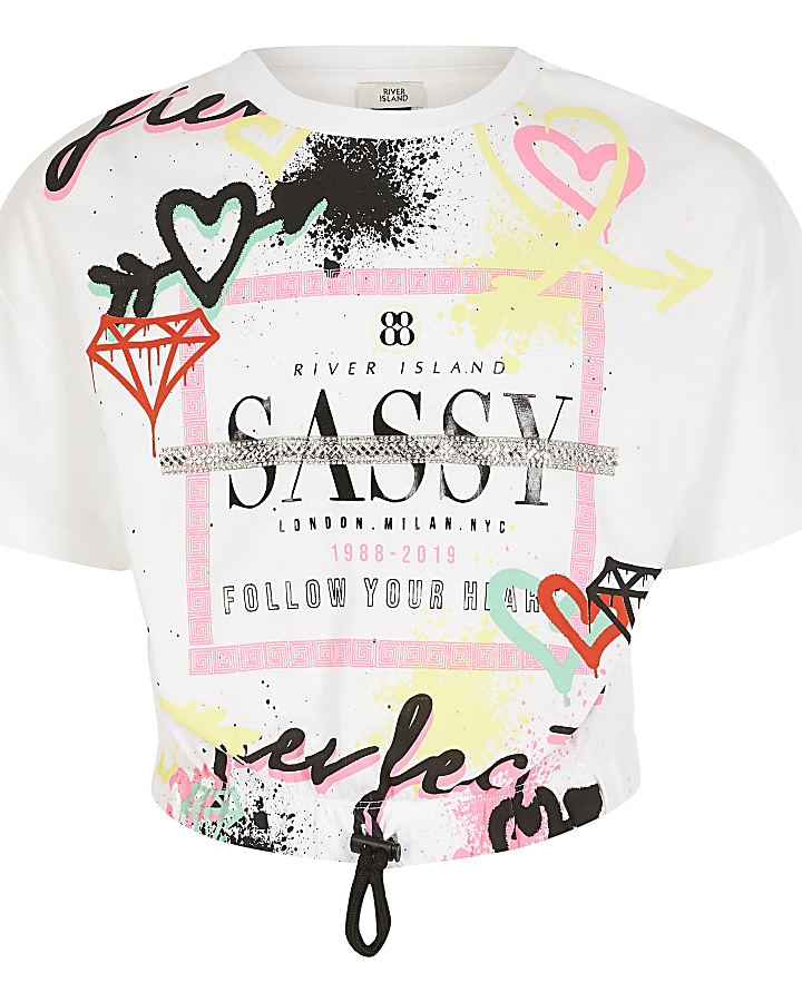 Girls white 'Sassy' cinched hem T-shirt