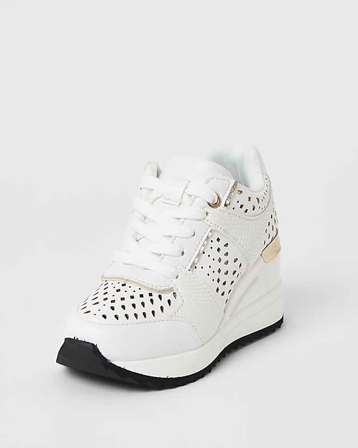 Girls white wedge lace up trainer