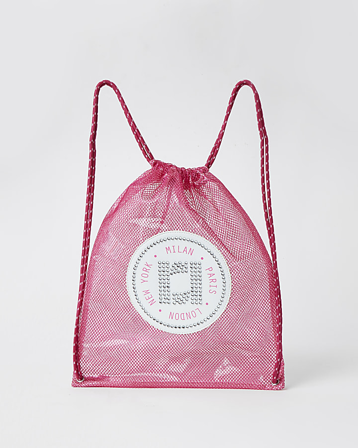 Girls pink mesh vinyl drawstring bag