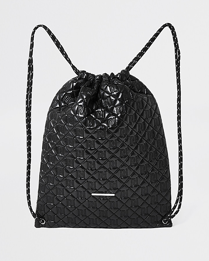 Girls black quilted drawstring bag