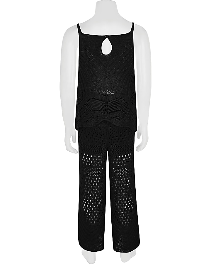 Girls black crochet cami top trousers outfit