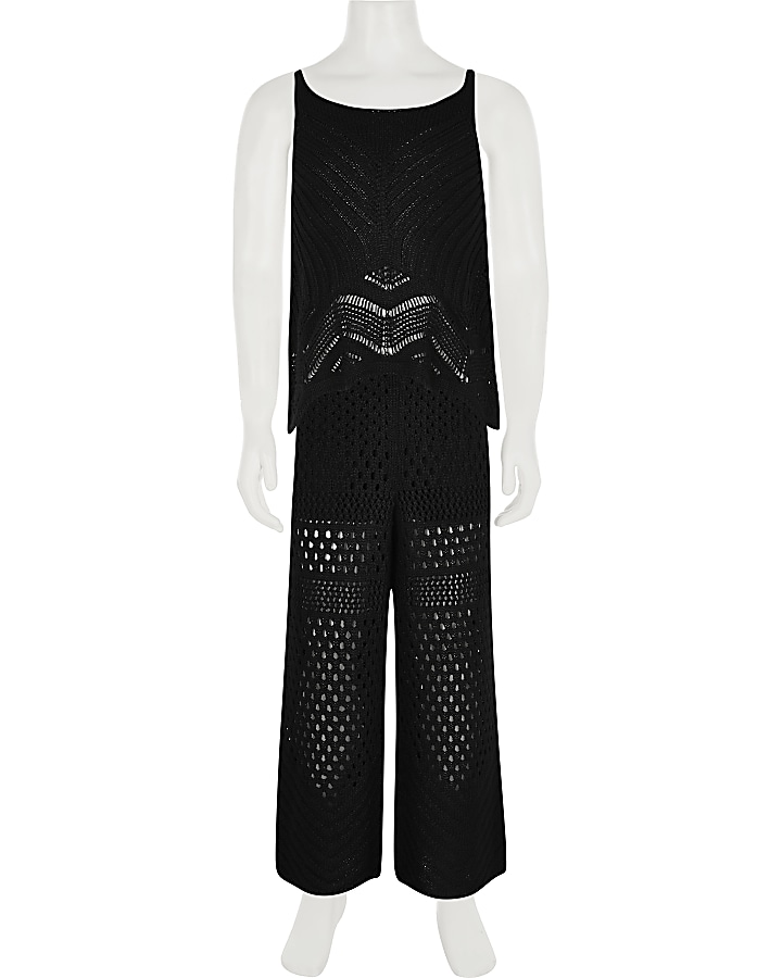 Girls black crochet cami top trousers outfit