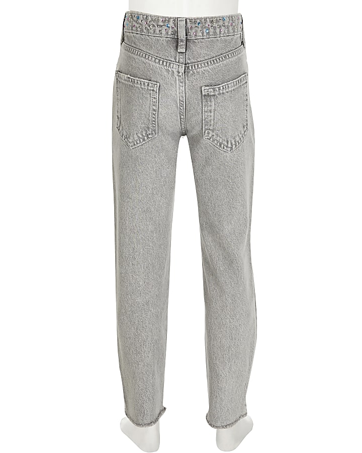 Girls grey diamante waist straight leg jeans