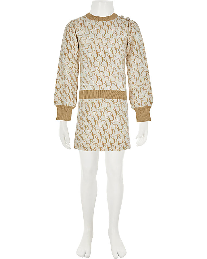 Girls cream knit monogram skirt outfit