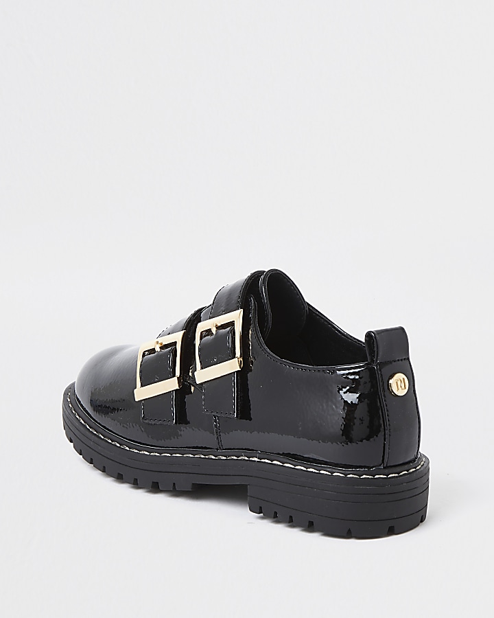 Girls black patent double buckle shoes