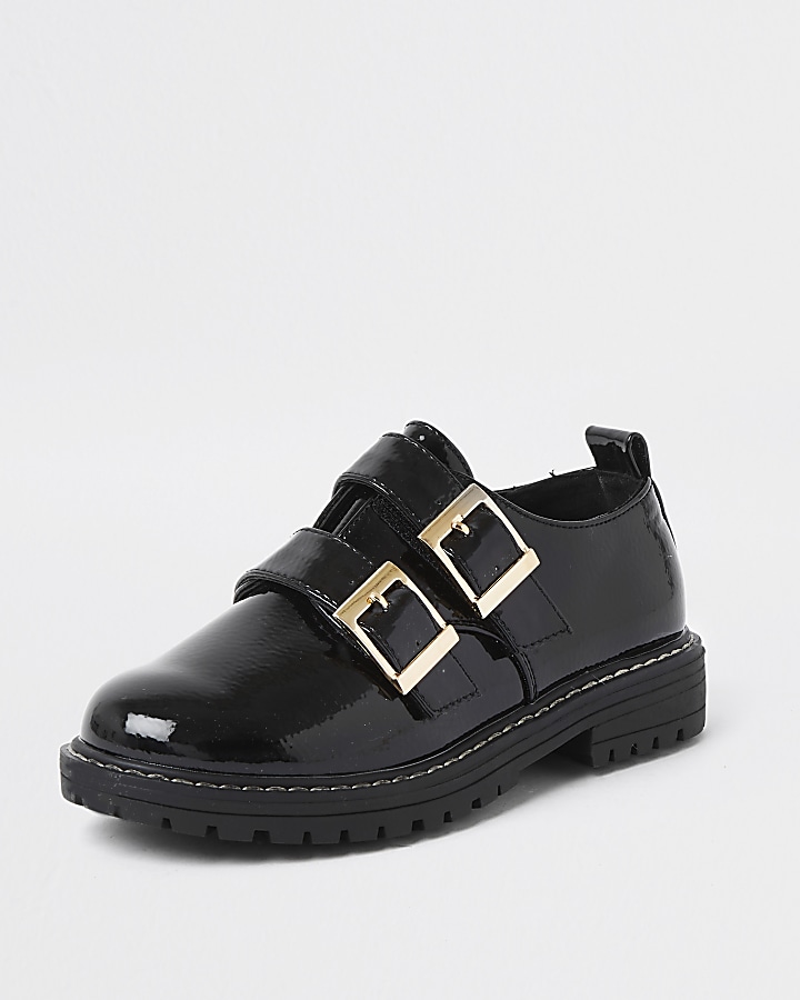 Girls black patent double buckle shoes