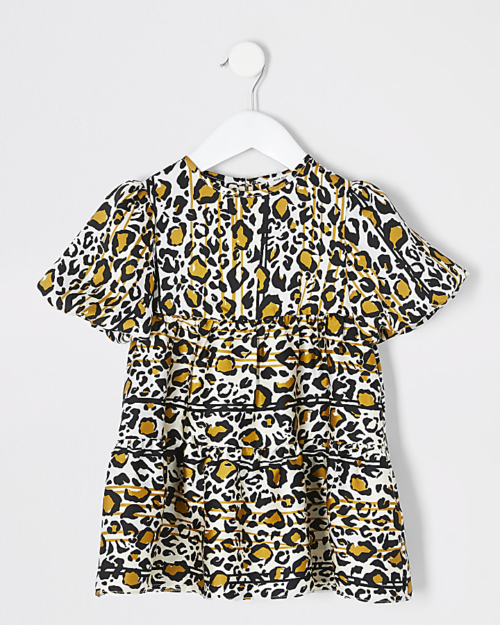 Mini girls beige leopard print smock dress