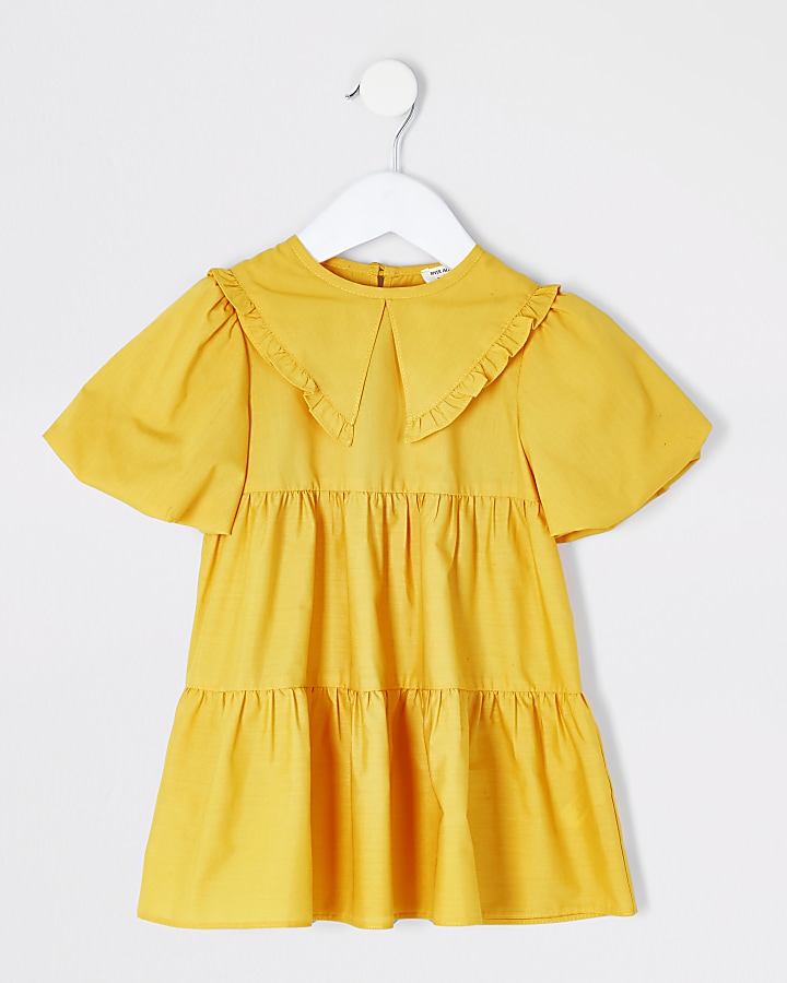 Mini girls yellow frill collar smock dress