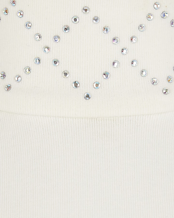 Girls cream mesh sleeve diamante top