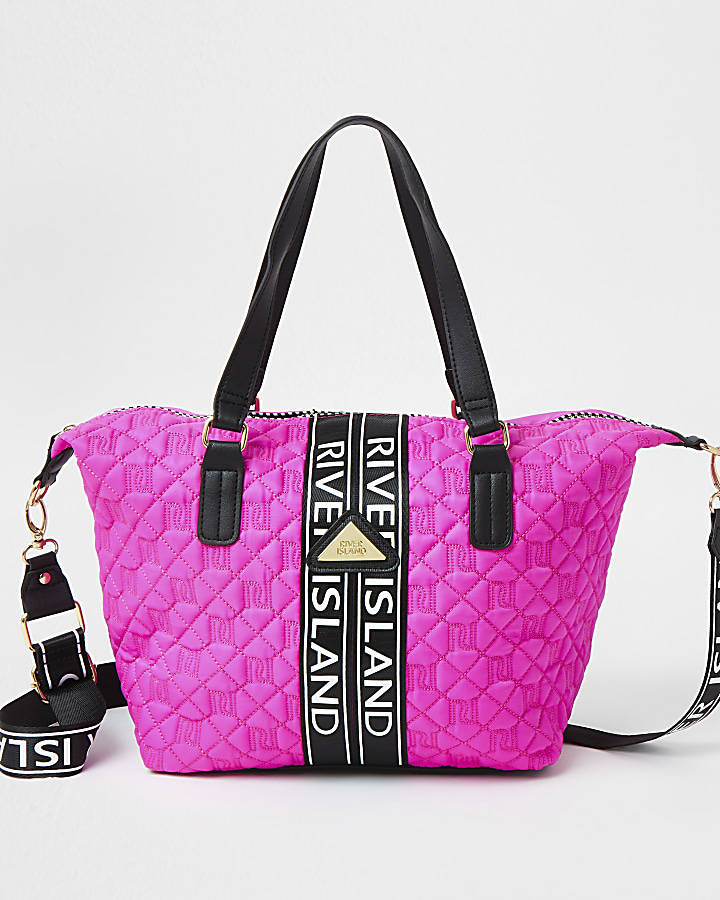 Girls pink quilted monogram shopper handbag
