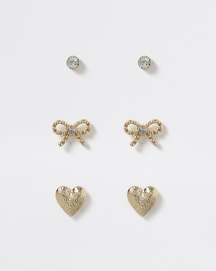 Gold tone heart and bow earring multi pack