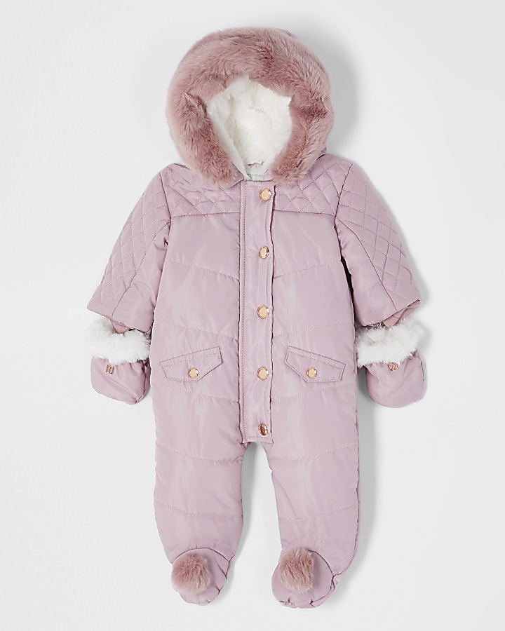 Baby pink hooded pom snowsuit