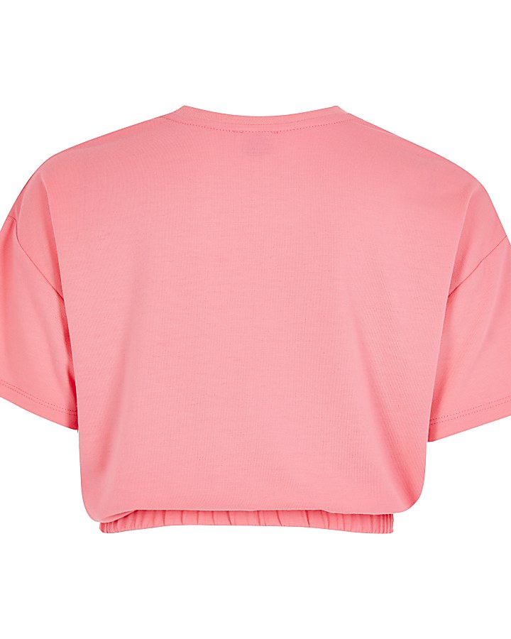 Girls bright pink printed embellished T-shirt