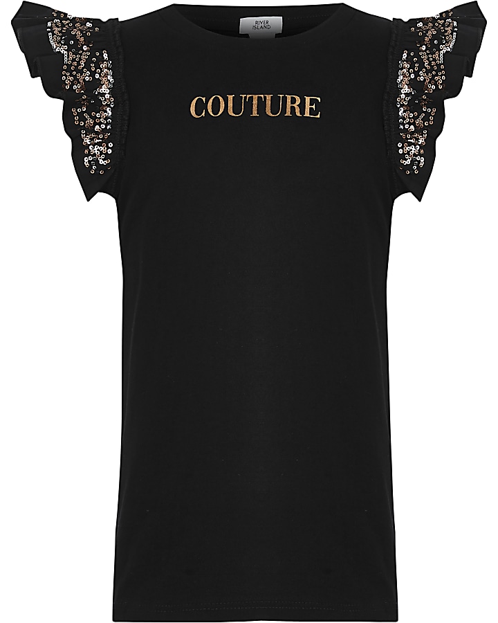 Girls black 'Couture' print T-shirt