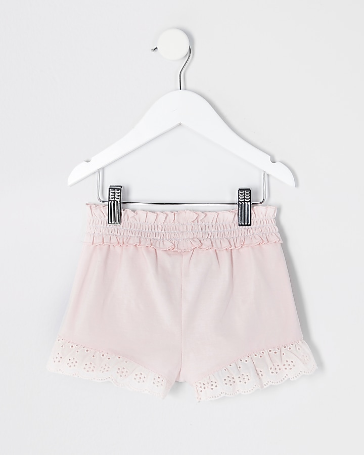 Mini girls pink broderie frill shorts
