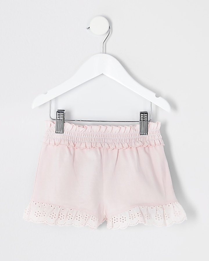Mini girls pink broderie frill shorts