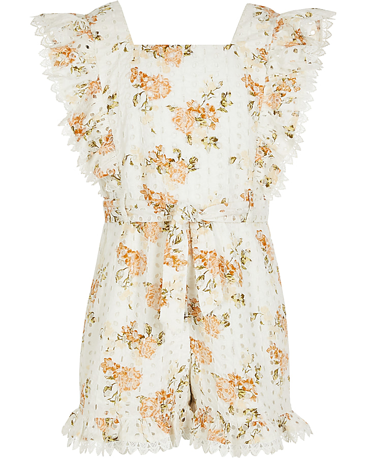 Girls white broderie floral print playsuit