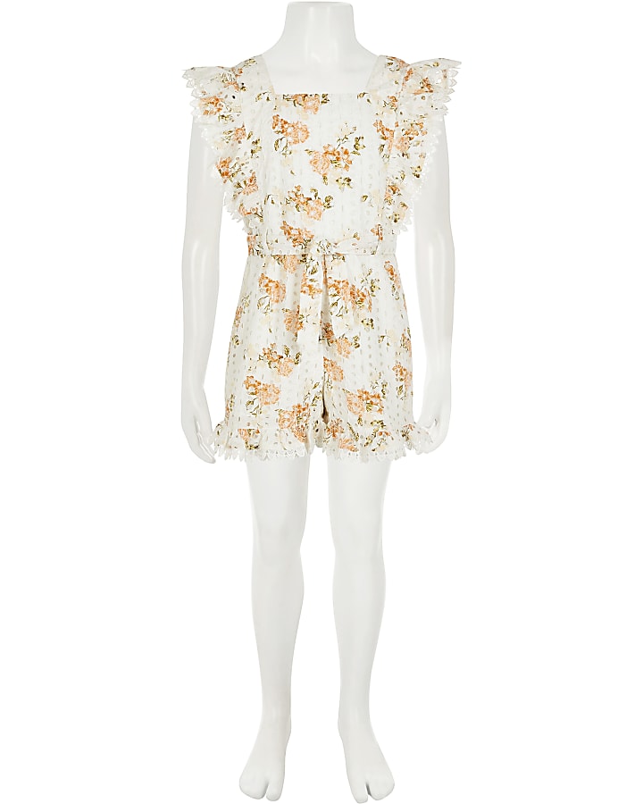 Girls white broderie floral print playsuit