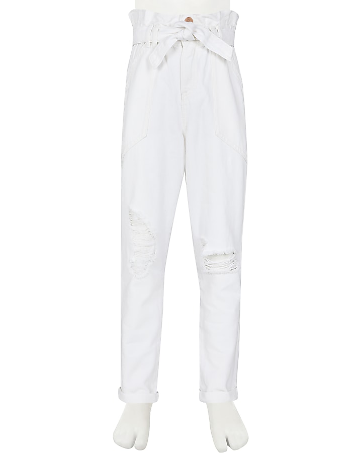 Girls white pipped paperbag jeans