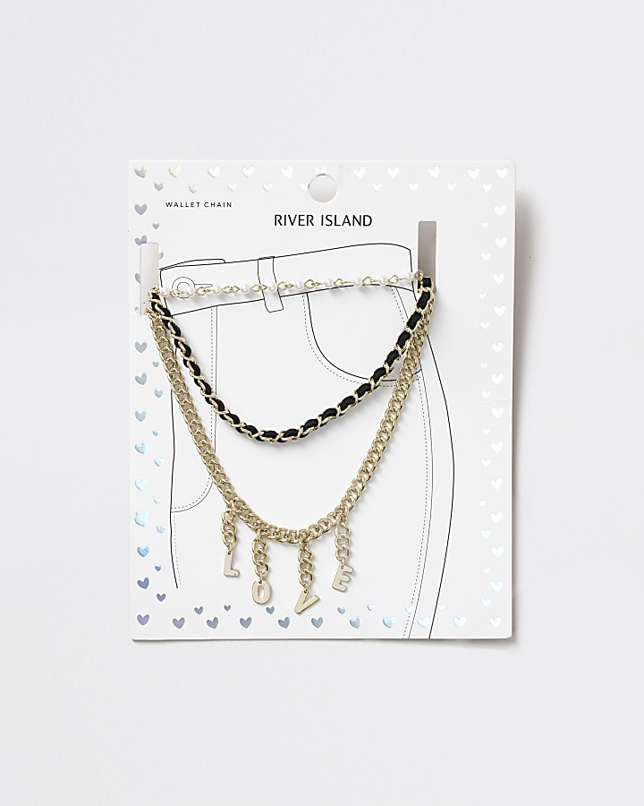 Girls gold tone 'Love' pearl wallet chain