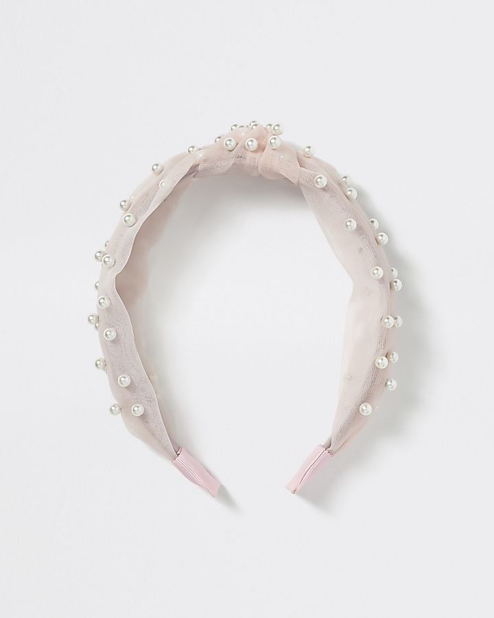 Girls pink organza pearl knot headband