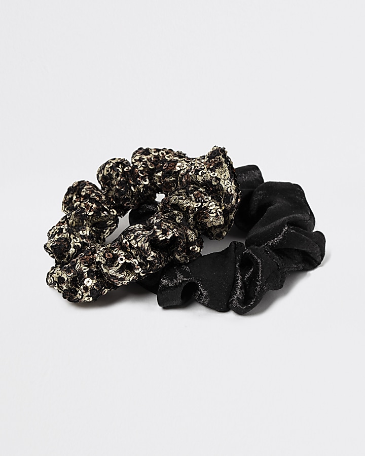 Girls black velvet leopard scrunchie 2 pack