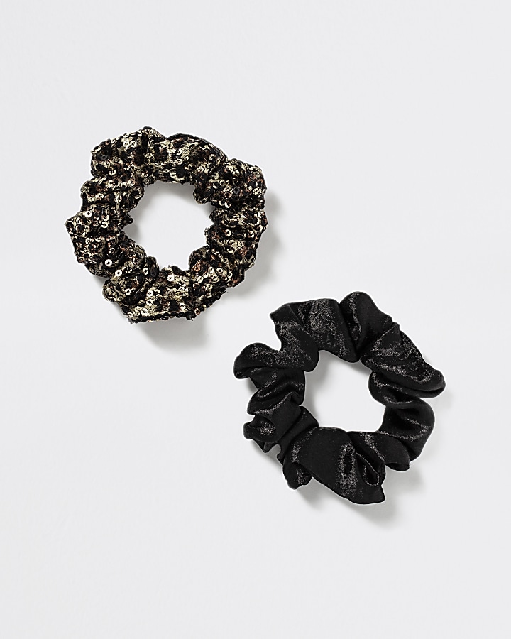 Girls black velvet leopard scrunchie 2 pack
