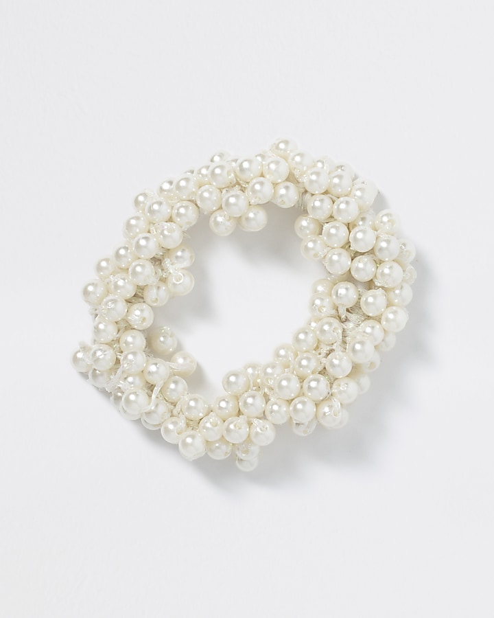Girls white pearl scrunchie hairband