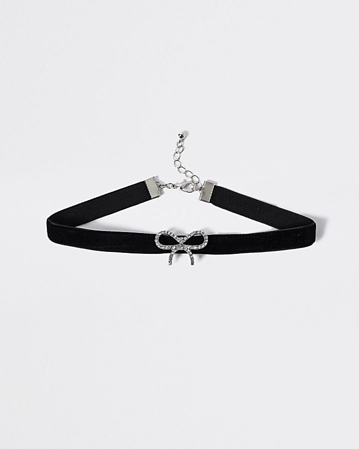 Girls black velvet bow choker necklace