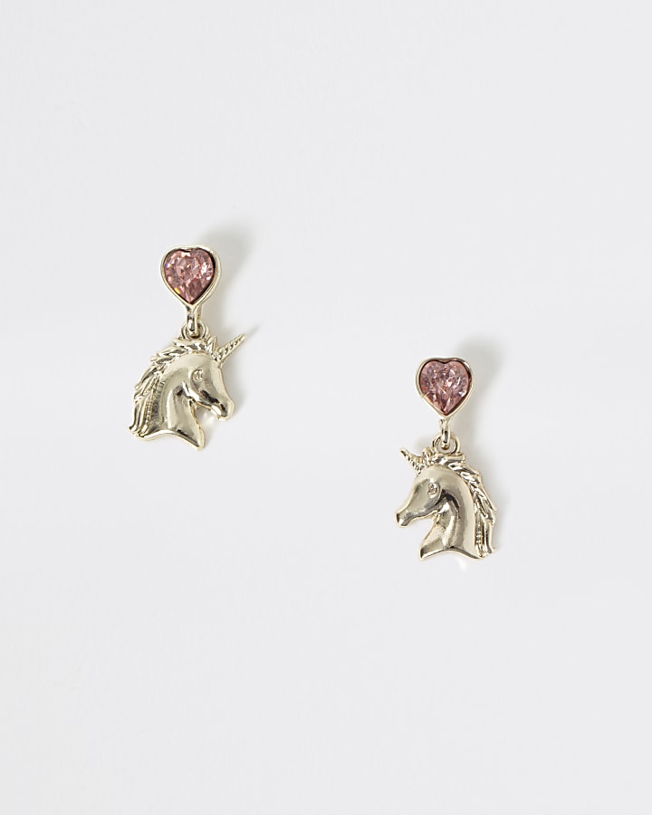 Girls gold colour unicorn diamante earrings