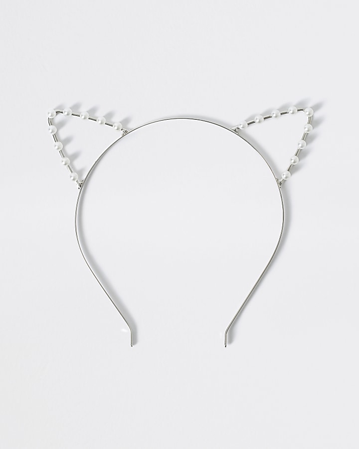 Girls silver colour pearl cat ear headband