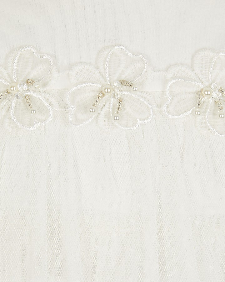 Girls white flower mesh frill T-shirt