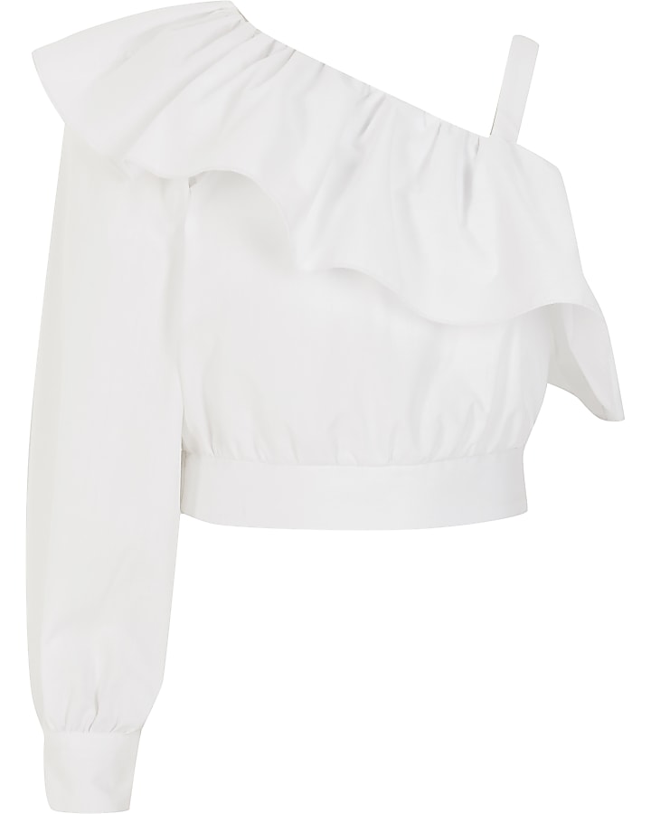 Girls white broderie one shoulder cropped top