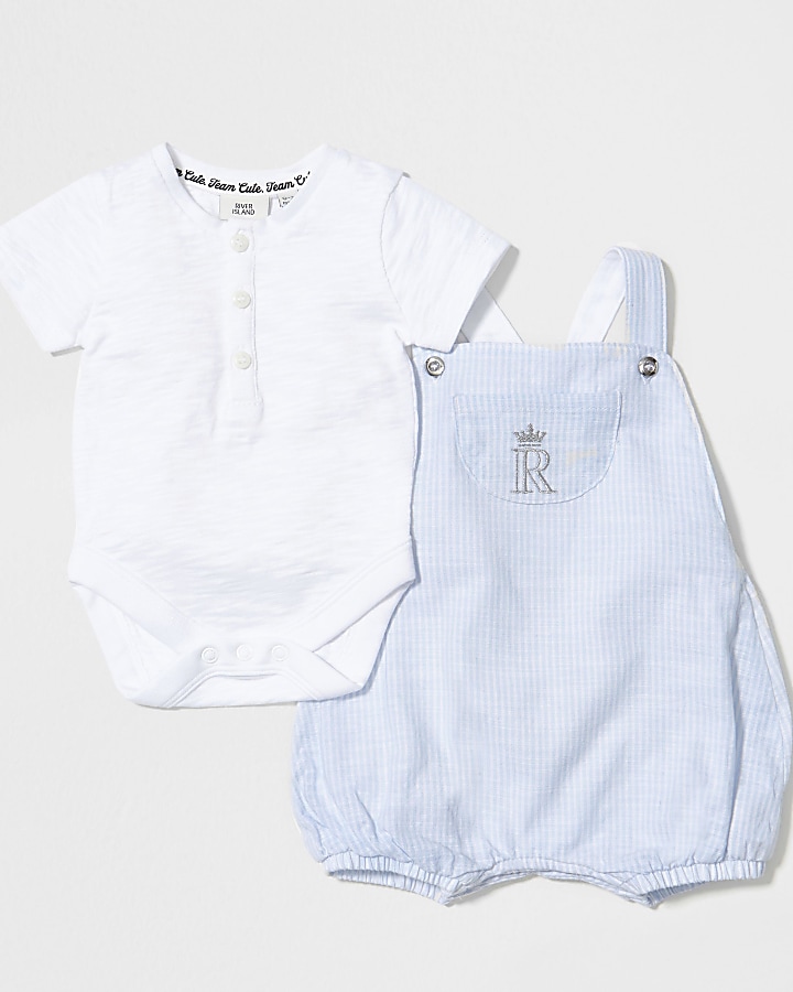 Baby blue stripe romper and t-shirt outfit