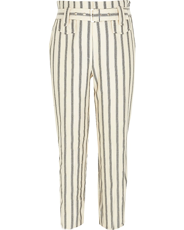 Girls cream stripe belted trousers