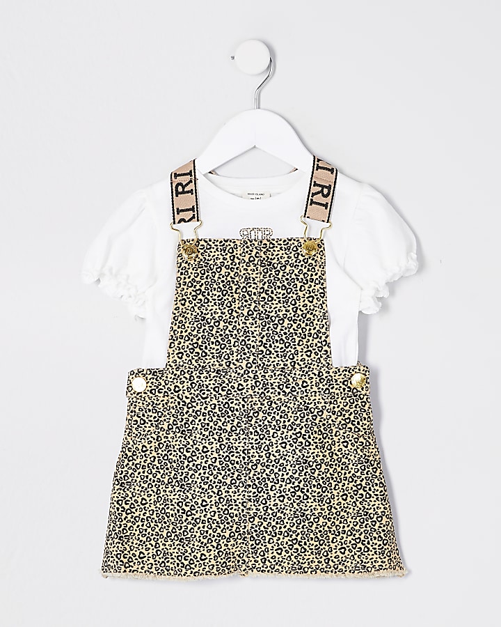Mini girls brown print pinafore dress outfit