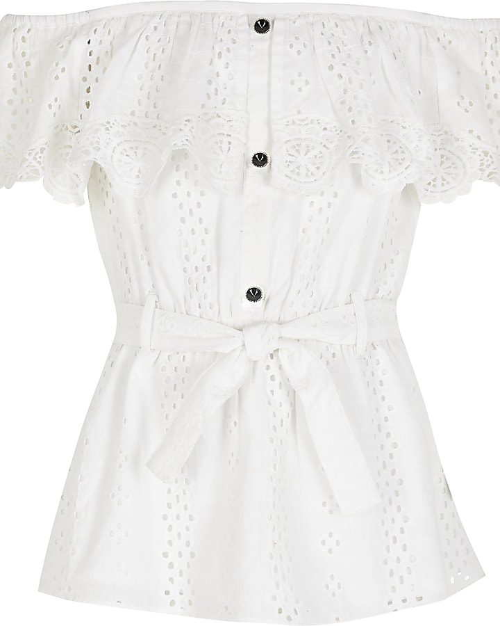 Girls white broderie bardot tie belted top