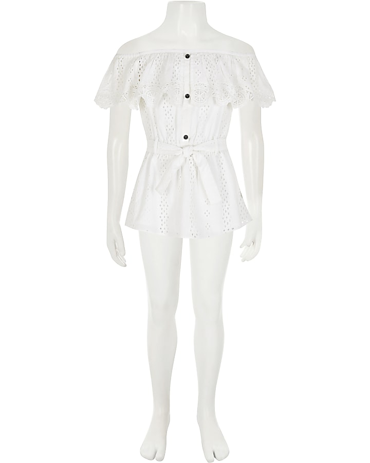 Girls white broderie bardot tie belted top