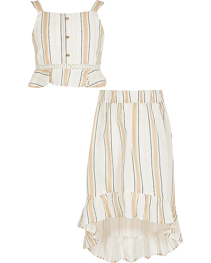 Girls beige stripe frill crop top outfit