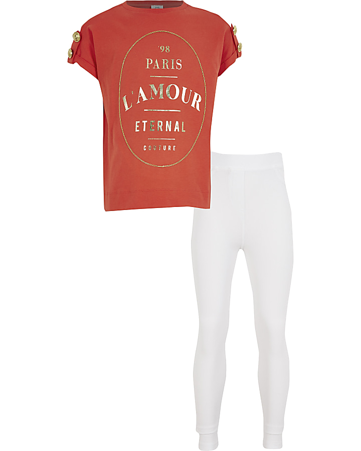 Girls red 'L'amour' foil print T-shirt outfit