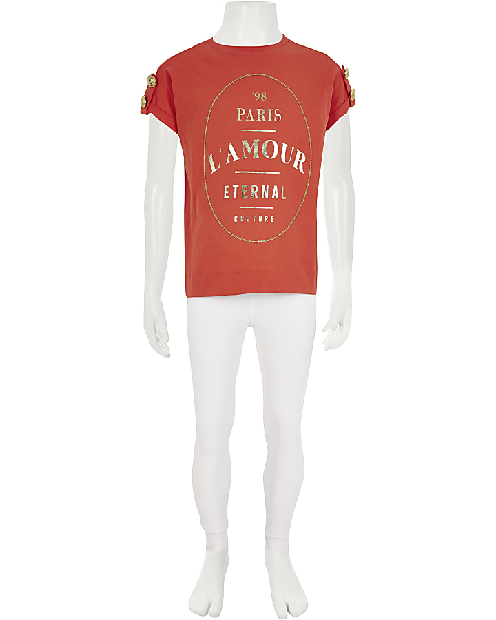 Girls red 'L'amour' foil print T-shirt outfit