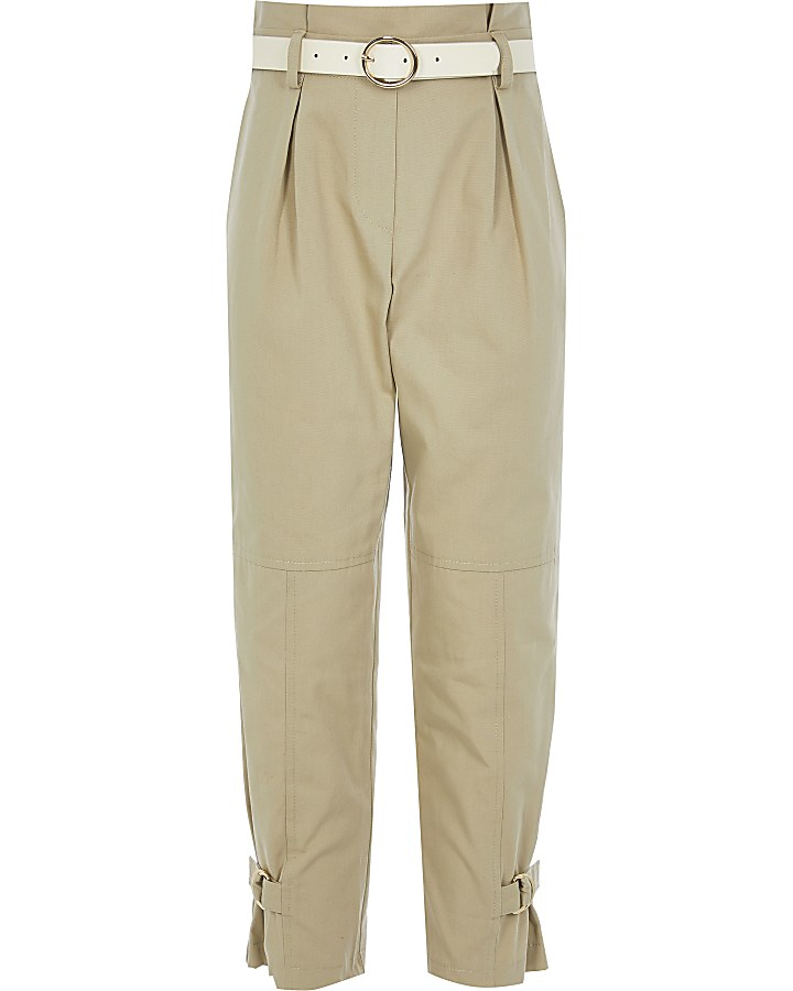 Girls beige belted paperbag trousers
