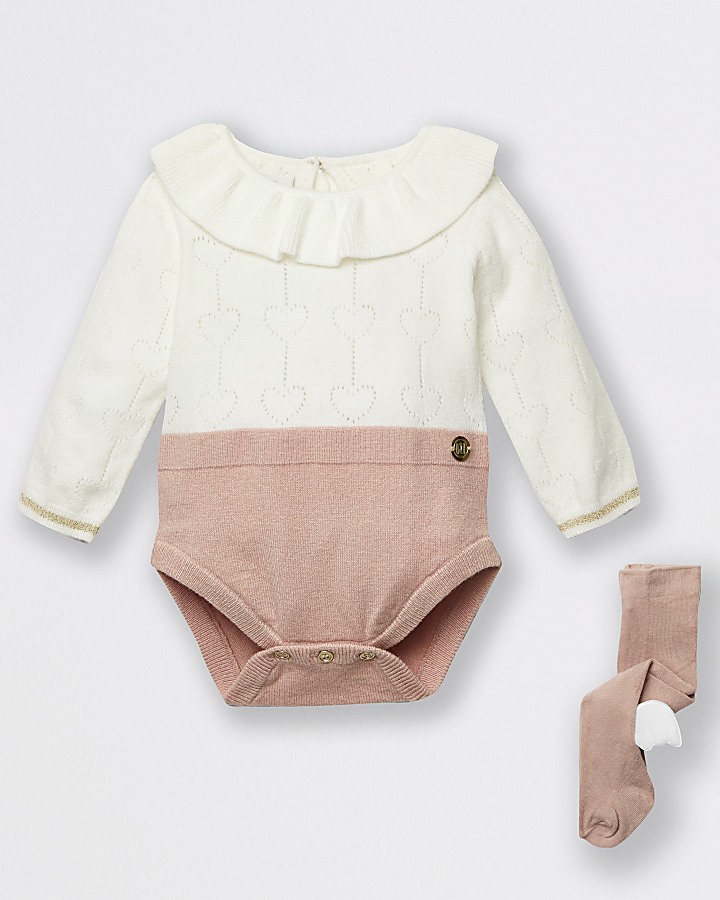 Baby pink knit baby grow and tights set