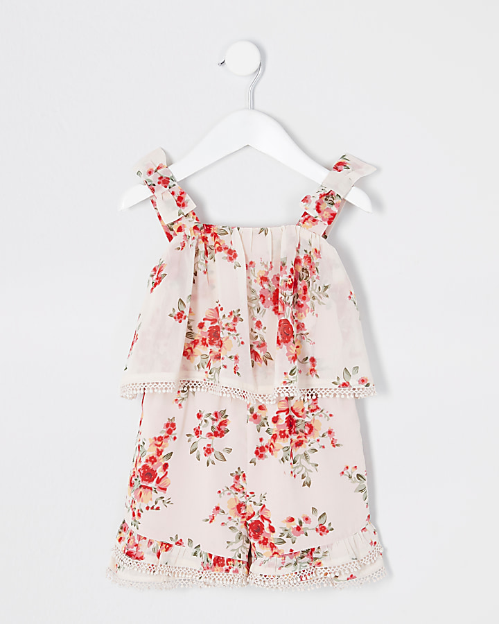 Mini girls pink floral frill playsuit