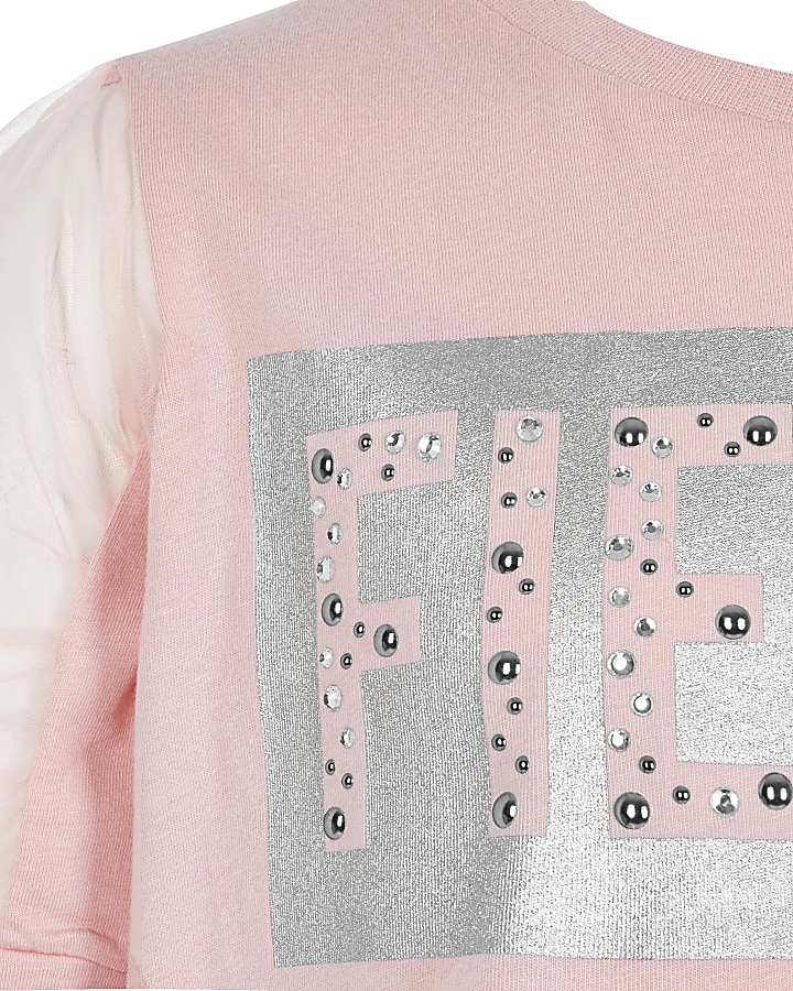Girls pink 'Fierce' print mesh sleeve T-shirt