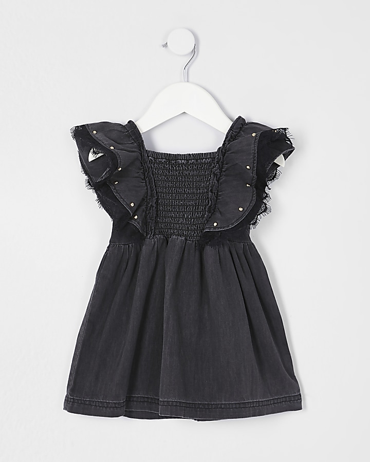 Mini girls black washed stud shirred dress